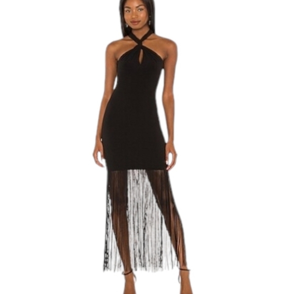 Alice + Olivia Steph Fringe Bottom Twist Front Halter Gown Evening Dress - Picture 1 of 13